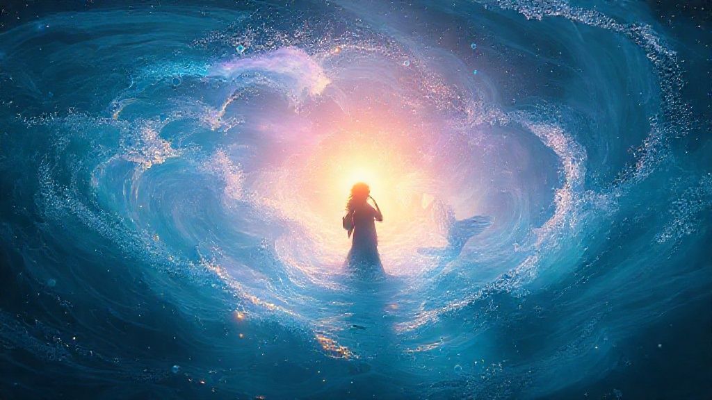 A luminescent Pisces silhouette in a cosmic ocean, swirling with blues and violets. Fractured thoughts like shattered mirrors reflect within, fading into golden light as the figure embraces serenity. Cinematic, ethereal.