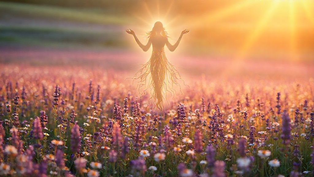 A luminescent field of lavender and chamomile, bathed in golden hour light. Floating above, a serene figure with ashwagandha roots cascading, surrounded by ethereal energy, embodying peace and renewal.