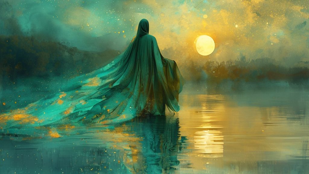 A luminescent figure, cloaked in flowing, watercolor-like robes, bathed in moonlit hues of aquamarine and gold. Soft focus, reflecting on a tranquil lake, embodying intuitive self-care.