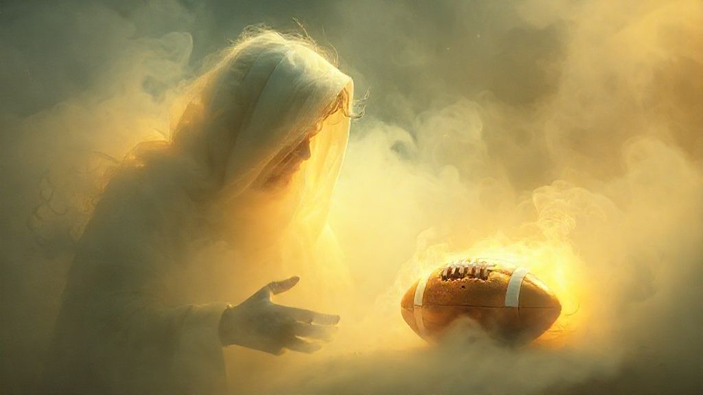 A luminescent figure, representing Bucky Irving, partially veiled in swirling mist, gazes towards a shattered, golden football. Soft, celestial light bathes the scene in hues of hope and vulnerability.