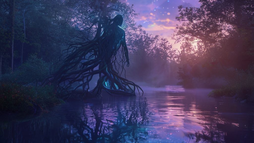 A luminescent figure, roots entwined with starlight, emerging from a whispering forest at dusk. Soft blues and greens bleed into a calming purple sky, reflecting in a serene river. Mystic, ethereal, 4k, cinematic lighting.