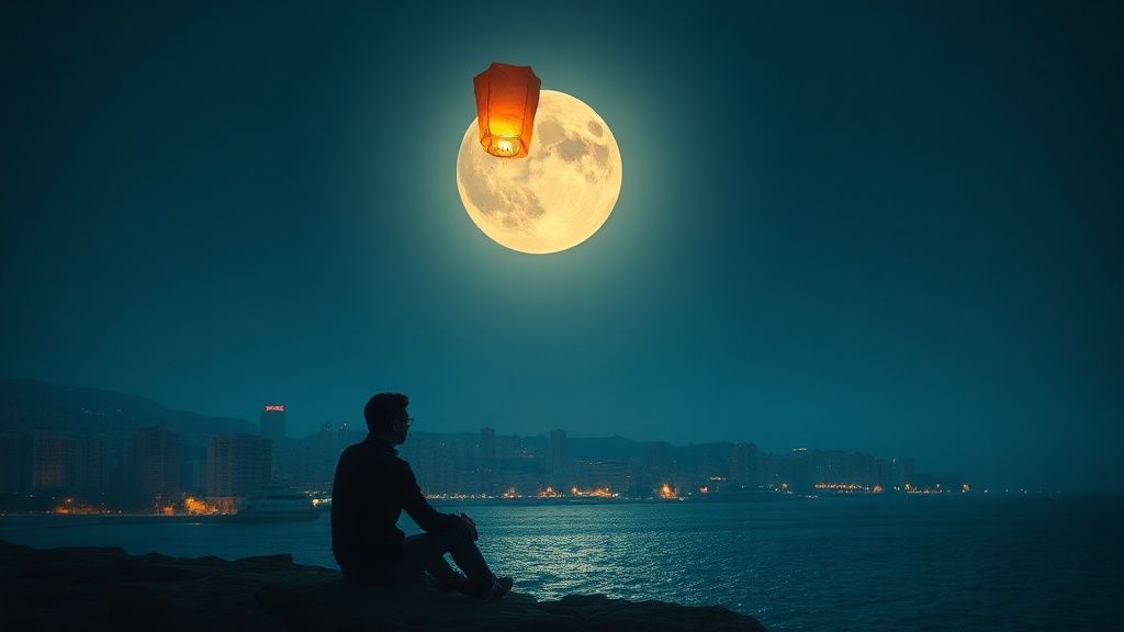 A luminescent full moon bathes a Barcelona cityscape. A lone figure sits by the sea, silhouette against the light, releasing a paper lantern carrying intentions into the night sky. Ethereal, dreamlike, deep blues and golds.
