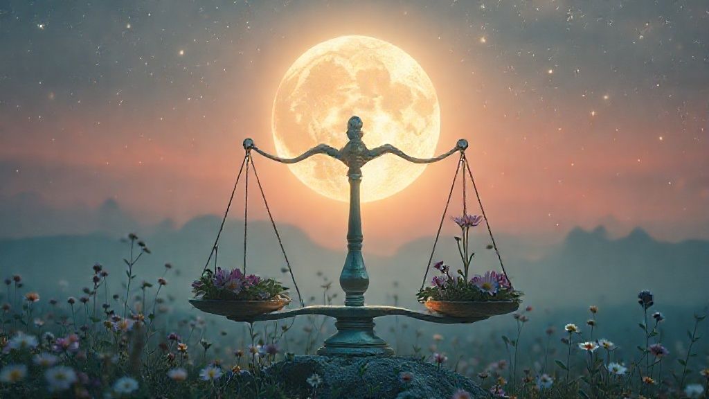 A luminescent full moon casts a soft glow on balanced scales overflowing with blooming Gemini wildflowers & swirling stardust. Ethereal, pastel colors blend. Mystic, cinematic 4k.