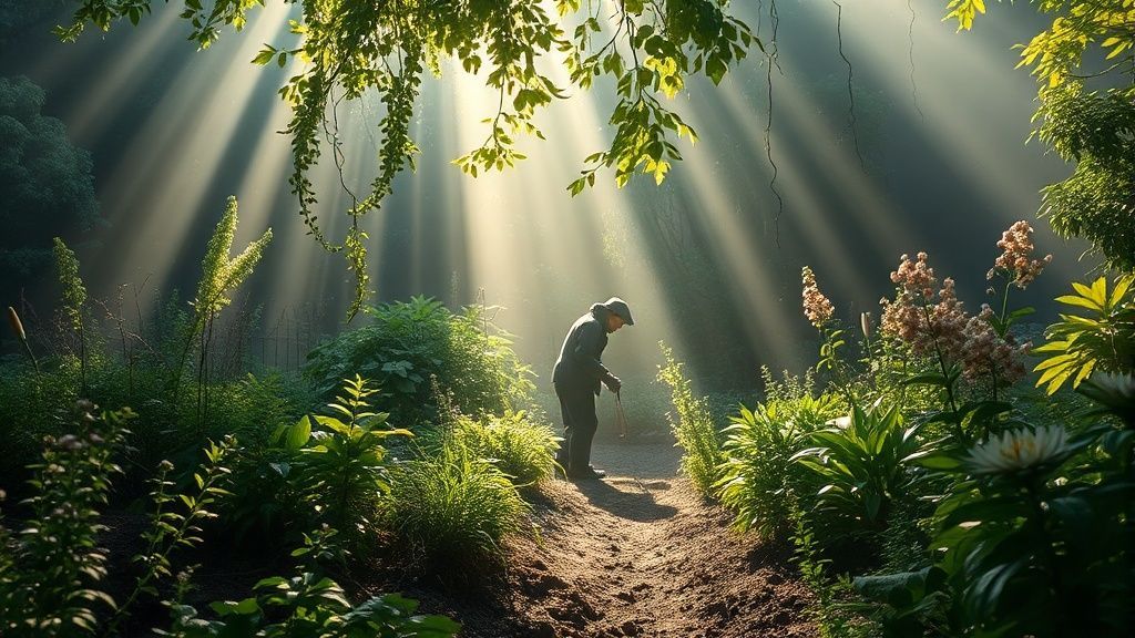 A luminescent garden. A lone figure tending herbs, dappled light filtering through the damp air of the Pacific Northwest. Intertwined roots & blossoming florals, ethereal glow, earthy tones.