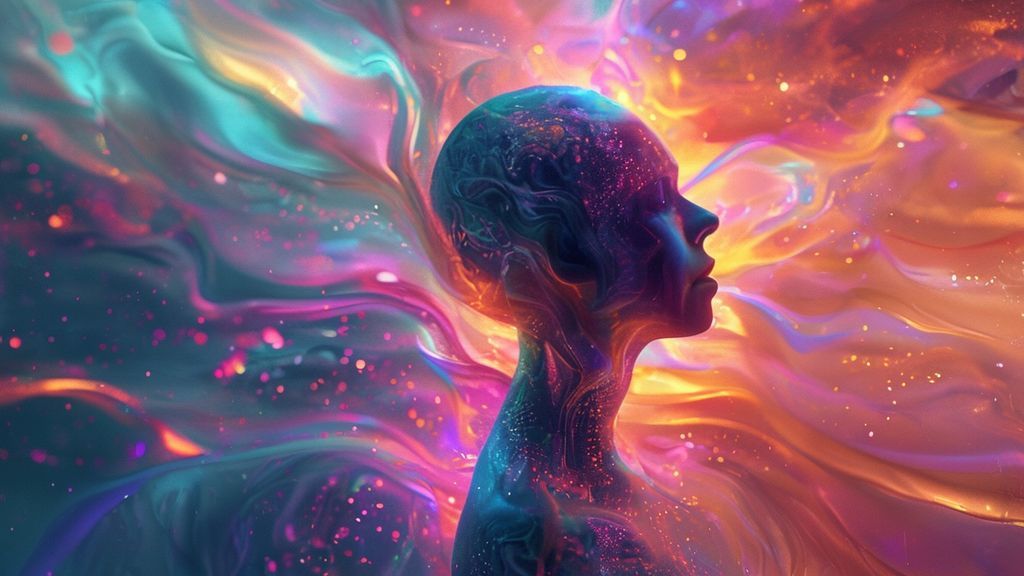 A luminescent human silhouette dissolves into a landscape of flowing, iridescent colors. Ethereal, gentle light bathes the scene, highlighting intricate patterns mirroring the complexities of the human psyche. Mystic, 4k, cinematic.