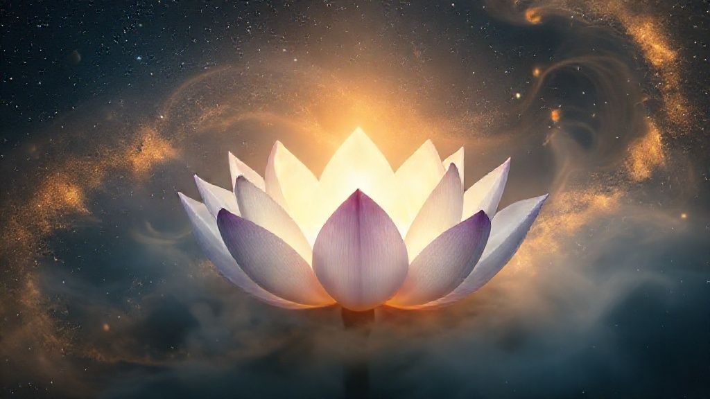 A luminescent lotus flower unfurling in a serene, star-dusted cosmos. The petals glow with soft, internal light, reflecting upon a swirling mist of golden and indigo hues, symbolizing releasing self-criticism.