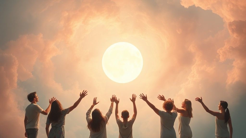 A luminescent orb, radiating warmth, floats amidst swirling, pastel nebulae. Figures, gender-ambiguous and diverse, reach toward it in a soft, diffused light, expressing self-acceptance.