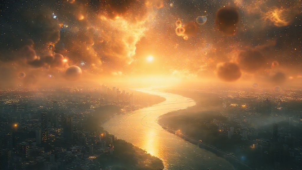 A luminescent river flows through a nebula, mirroring a shimmering cityscape below. Reflective orbs represent mindful spending, bathed in golden light, contrasted by darker, fleeting, material possessions.