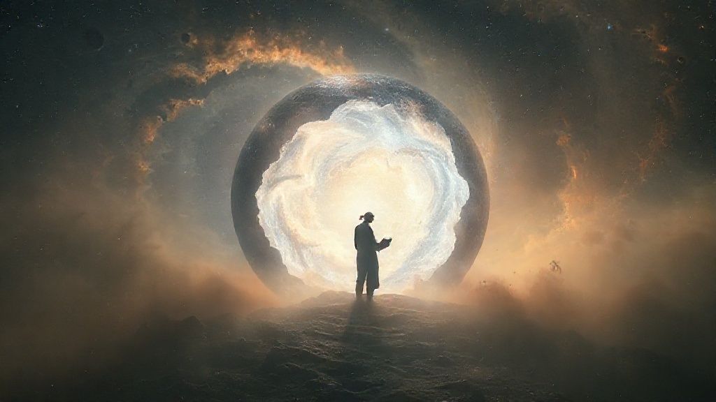 A luminescent sphere cracking open, revealing swirling nebulas of insight. Soft, celestial light bathes a lone, silhouetted figure journaling amidst the cosmic dust. Mystic, ethereal, 4k, cinematic.