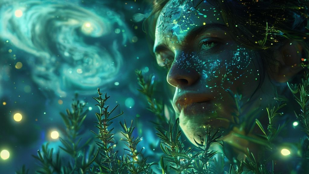 A luminescent woman bathed in moonlight, surrounded by glowing rosemary and peppermint, gazes at a swirling celestial map. Ethereal greens and blues dominate, 4k, cinematic.