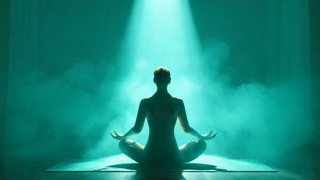 A luminescent yoga studio, soft teal light enveloping a figure in lotus pose. Mist with shimmering eucalyptus spearmint particles floats, creating a serene, mystic atmosphere. Focus on shoulders and neck, relaxed and calm.