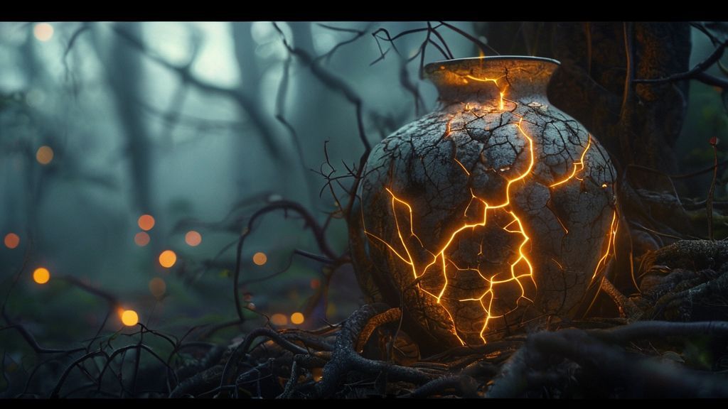 A luminescent, cracked vase, subtly mending, cradled within a network of glowing, intertwined roots in a misty forest. Cinematic lighting emphasizes the resilience and growth.