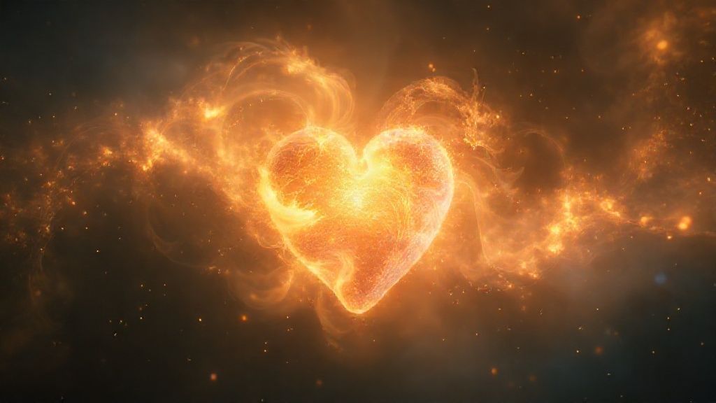 A luminescent, swirling nebula heart, subtly pulsating with warm gold and calming blues. Delicate, ethereal tendrils of light gently dissipate, representing stress dissolving. Cinematic, 4k. Mystic.