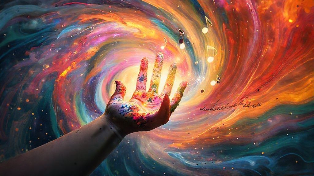 A luminescent, swirling vortex of colors representing emotions. Within, a paint-splattered hand gently guides glowing musical notes and flowing script, all under a soft, ethereal light.