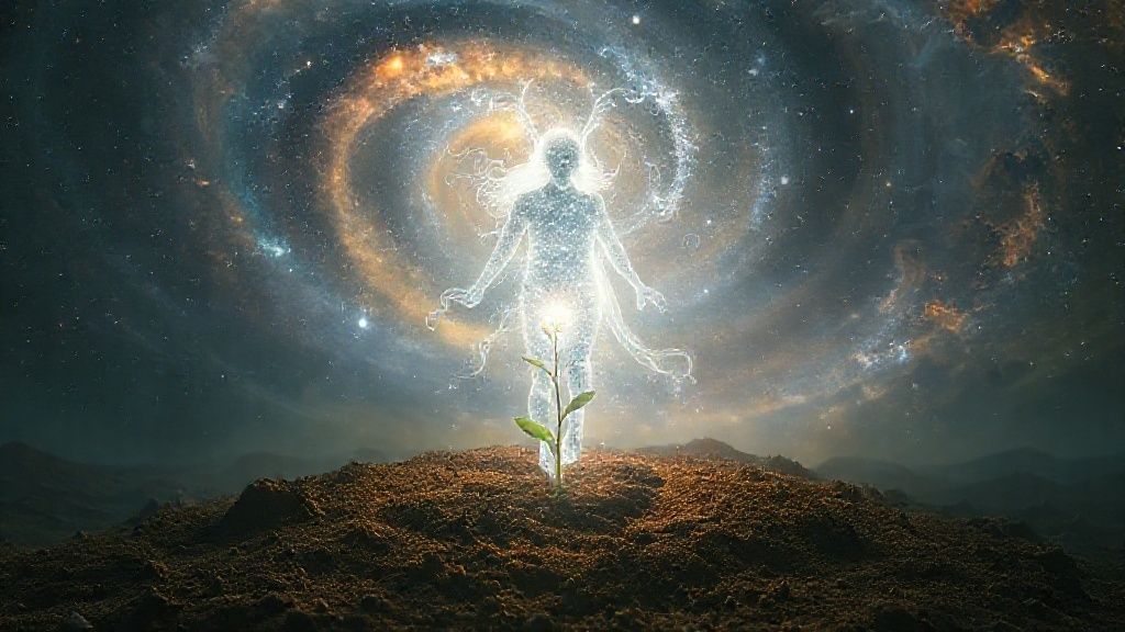 A luminous Aquarius figure, ethereal, descends from a swirling nebula of ideas, planting a shimmering seed in rich, grounded earth. Cinematic light. 4k, mystic.