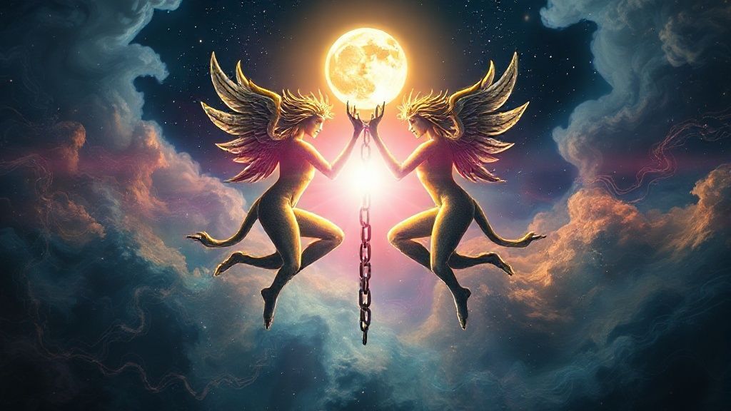 A luminous Gemini twin symbol, bathed in celestial moonlight, splits a chaotic data stream of swirling color. Ethereal glow highlights clarity, uplifting a figure releasing dark chains.