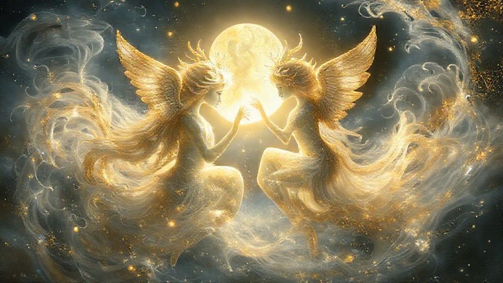 A luminous Gemini twin, ethereal and fragmented, whispers secrets amidst swirling, silver and gold mental energy. Moonlight illuminates scattered thoughts, crystalline and flowing.