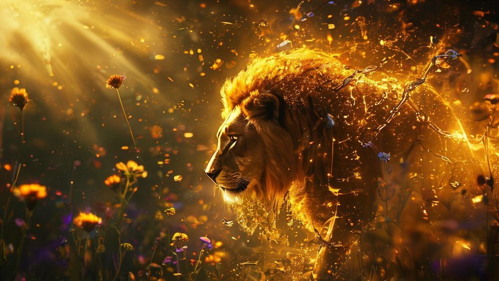 A luminous Leo spirit, bathed in golden light, sheds shattered chains. Cosmic energy swirls around them, wildflowers bloom amidst imperfections. Mystic, ethereal, 4k, cinematic.