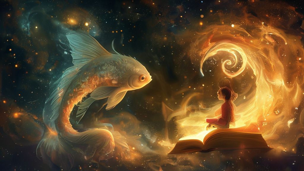 A luminous Pisces figure, bathed in moonlight, gently listens to a friend composed of swirling nebulae. Warm, inviting light streams from a shared, open book, illustrating creative solutions.