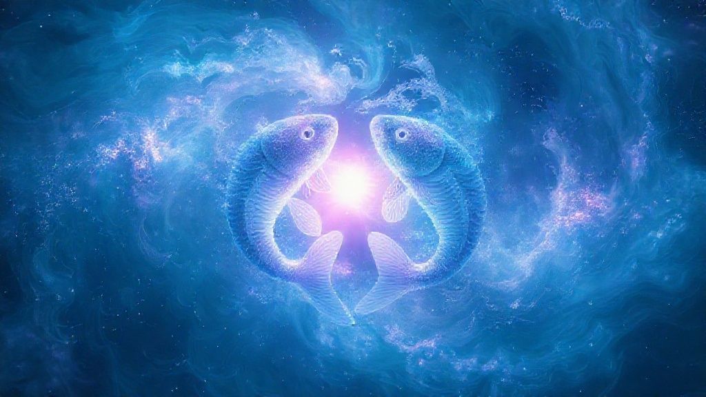A luminous Pisces figure, interwoven with swirling nebulas of blues and violets. Light refracts through watery textures, embracing empathy and creativity. Ethereal, cinematic, 4k.
