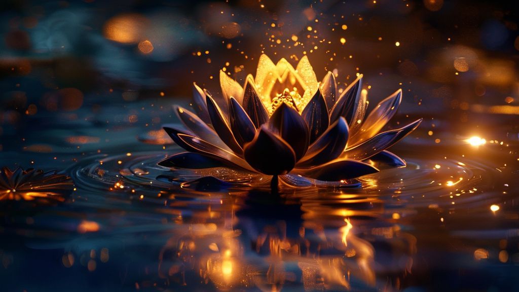 A luminous Scorpio symbol morphs into a blooming lotus. Deep indigo and gold light illuminates a reflective pool revealing shadowed figures beneath. Ethereal, mystic, 4k.