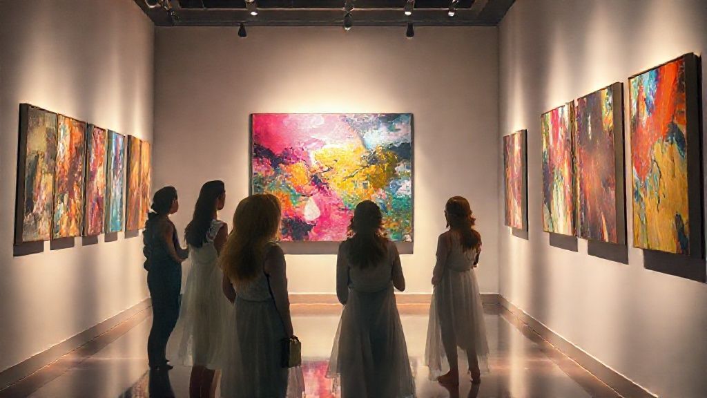 A luminous art gallery bathed in soft light. Friends, ethereal figures, converse near vibrant abstract art. Harmony glows, reflecting teamwork and balance in rich jewel tones.