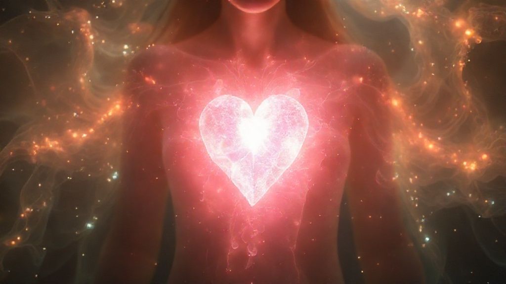 A luminous aura surrounds a figure, rose quartz heart glowing, citrine light cascading. Ethereal energy flows, dissolving shadowy blockages. Cinematic 4k, mystic style.