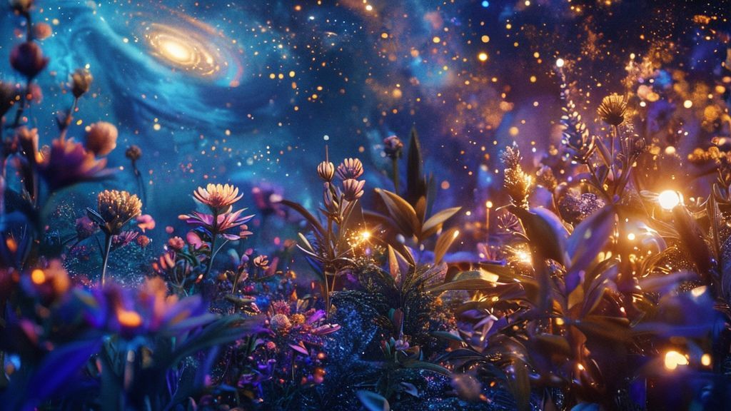 A luminous celestial garden. Deep blues and purples swirl, illuminated by golden starlight. Botanical remedies bloom, reflecting planetary alignments, embodying Christine Haas' guidance. Mystic, ethereal, 4k, cinematic.