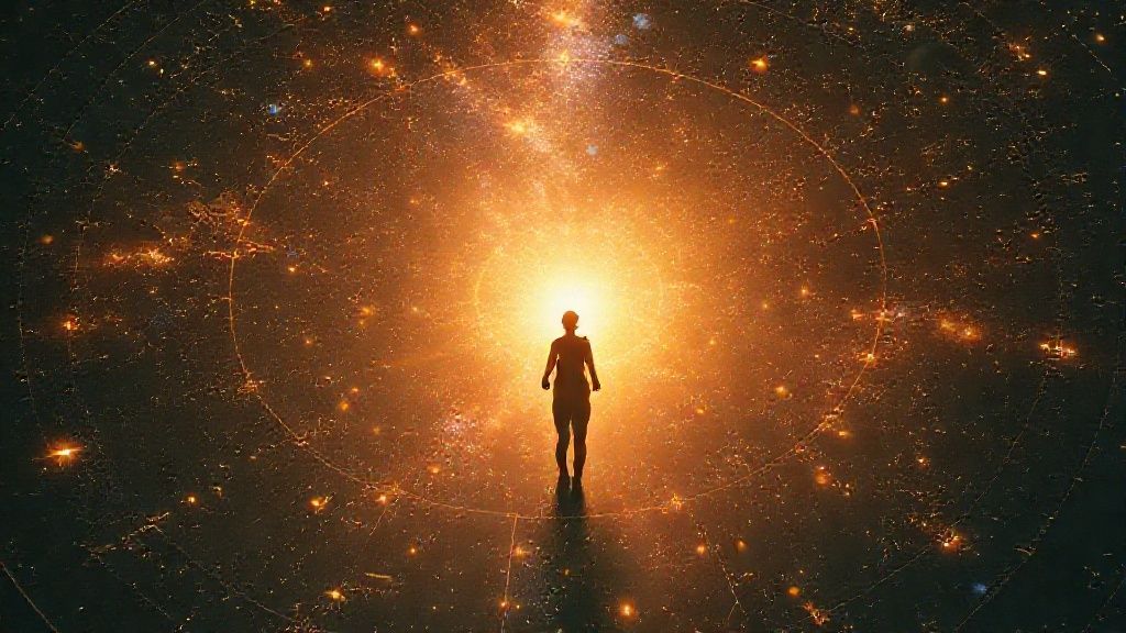 A luminous celestial map unfolds. Warm, golden light spills across constellations, mirroring a human figure immersed in starlight, discovering their inner self. Mystic, ethereal, 4k.