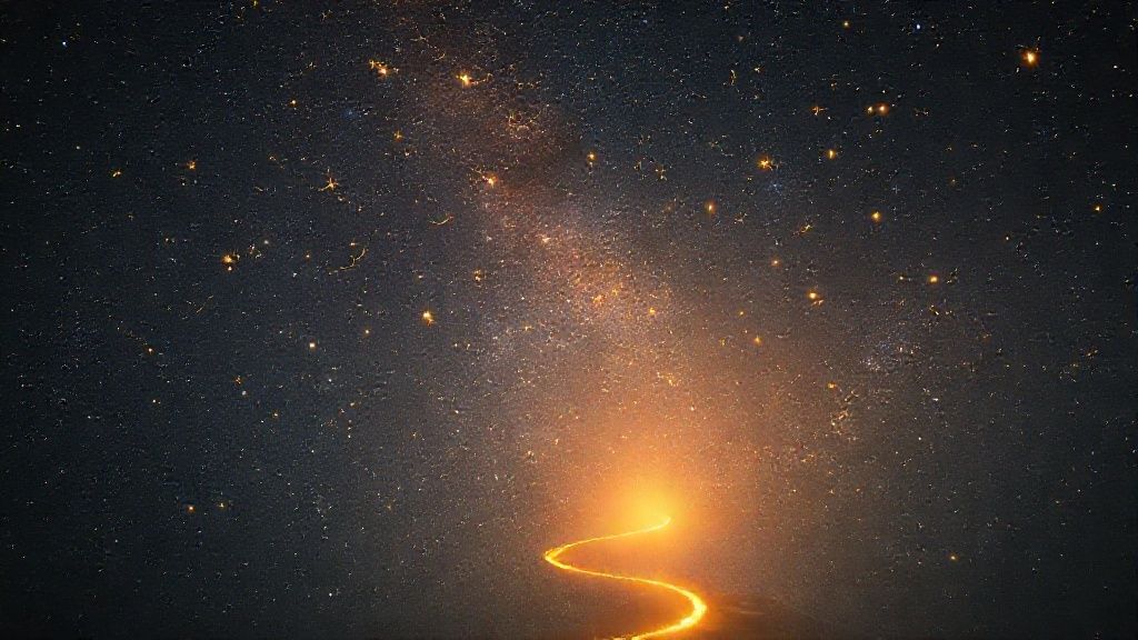 A luminous celestial map unfurls in a starry night sky, bathed in soft, ethereal light. Golden constellations shimmer, subtly influencing a winding, sunlit path below, representing self-discovery.