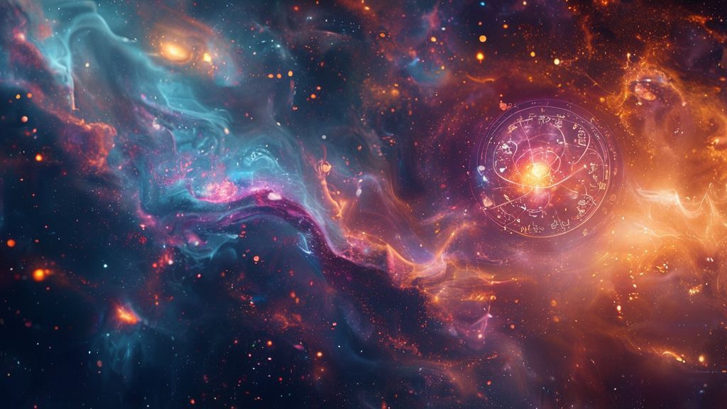 A luminous cosmic ecosystem. Delicate, swirling nebula colors blend into a glowing Vedic chart, constellations subtly reflecting individual destinies. Ethereal light, mystic, 4k.