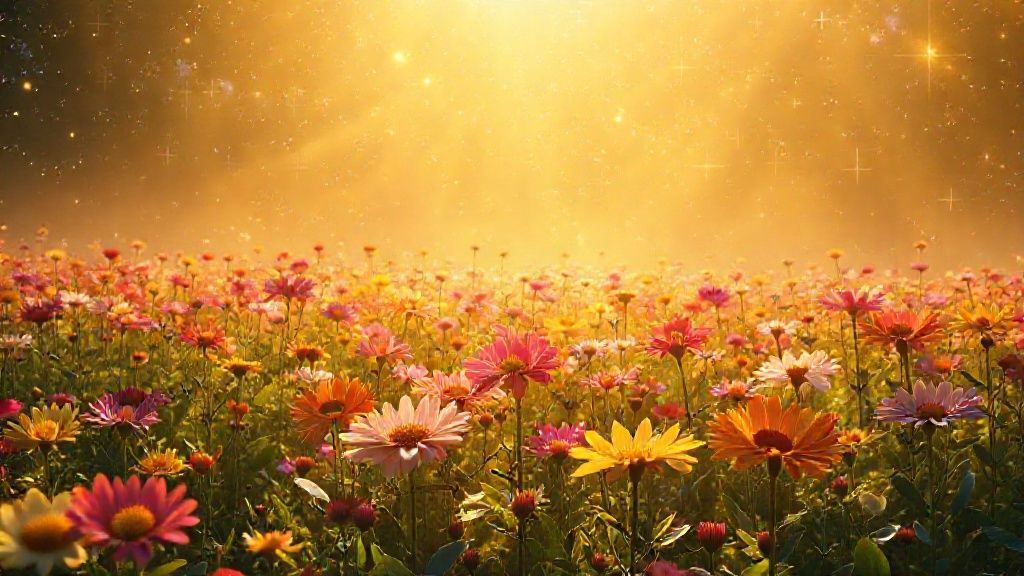 A luminous cosmic garden. Golden light bathes a blooming field of vibrant, abstract flowers. Each represents wealth, joy, purpose. Stars whisper secrets, hinting at 2026's potential. Mystic, ethereal, 4k, cinematic.