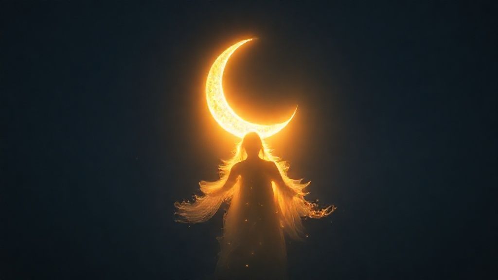 A luminous figure bathed in the ethereal glow of a crescent moon, exhales golden light, intentions swirling around them. Deep indigo sky, soft focus, cosmic energy, manifesting dreams.