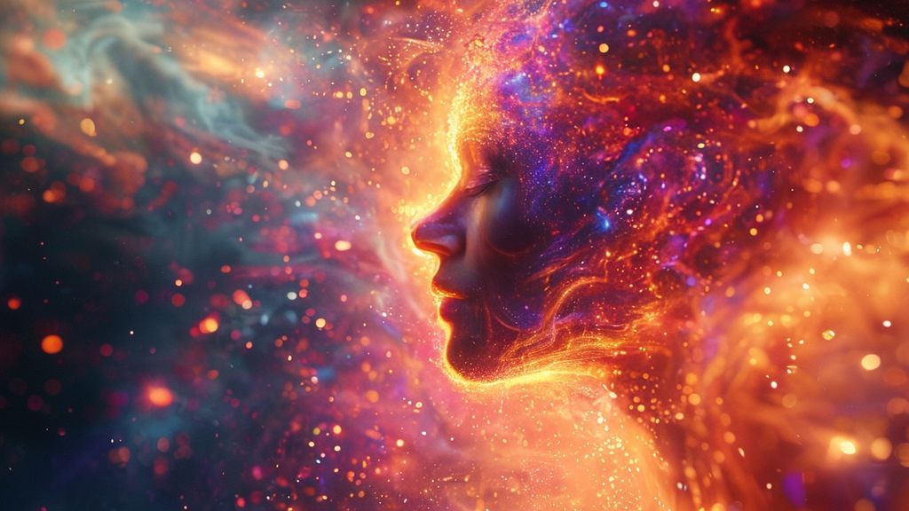 A luminous figure dissolving into a vibrant, swirling galaxy of interconnected thoughts and emotions. Soft, warm light emanating from within. Mystic and ethereal, 4k cinematic.