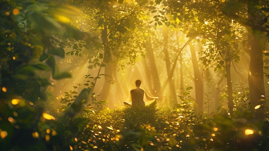 A luminous figure meditating amidst a verdant forest bathed in golden sunlight. Ethereal light dances through leaves. Soft, calming colors evoke peace and well-being. Mystic, 4k, cinematic.
