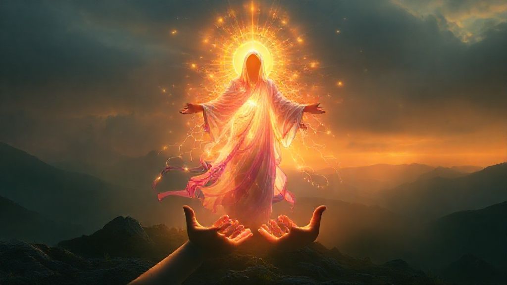 A luminous figure, cloaked in flowing colors, radiates warm light onto a shadowy landscape. Energy strands weave, connecting to hands offering healing. Mystic style, ethereal glow, 4k.