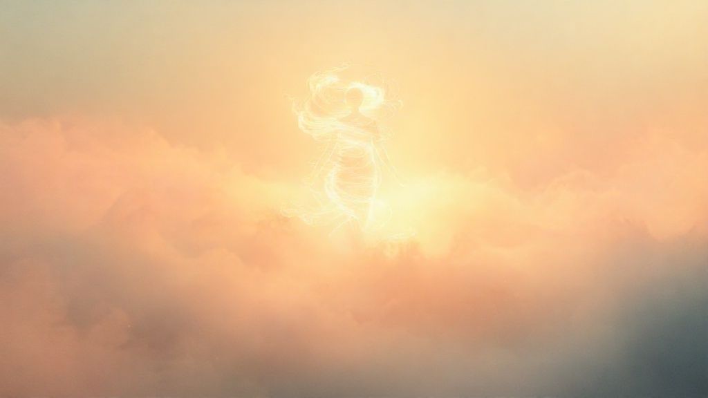 A luminous figure, composed of swirling light, gently ascends through layers of iridescent fog. Warm golden light spills around it, dissolving into a dreamlike landscape. Soft pastels and ethereal glow.