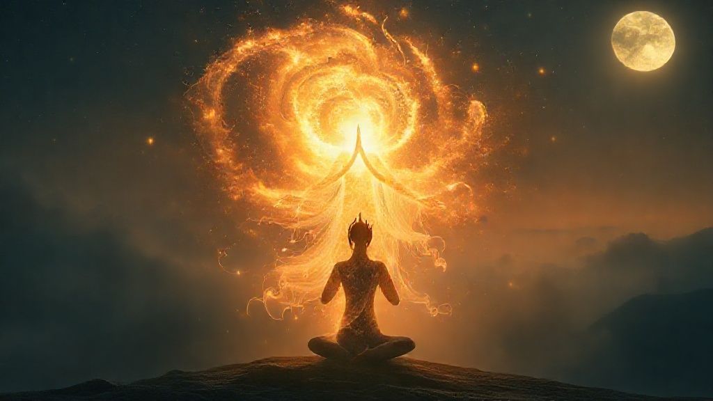 A luminous figure, composed of swirling nebula, exhales golden light, which gently disperses into a tranquil, moonlit yoga scene. Focus on breath & inner peace.