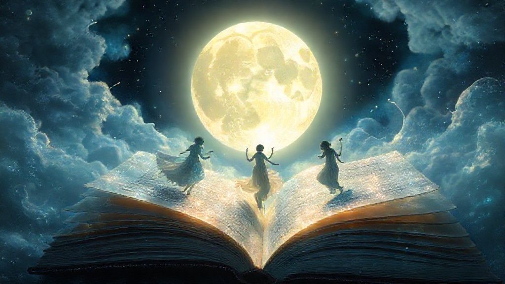 A luminous full moon illuminating a dream journal overflowing with shimmering, iridescent pages. Ethereal figures dance within the moonlight, their forms fluid and ambiguous, colors shifting.
