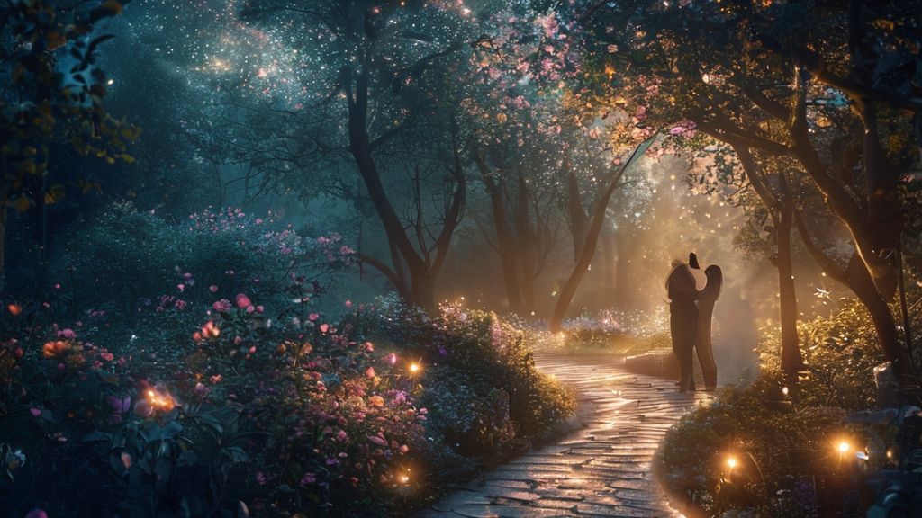 A luminous garden path winding into a twilight forest. Soft light filters through leaves, illuminating figures embracing. Stars swirl in the sky, blending with blooming flora. Mystic, ethereal, 4k, cinematic lighting.