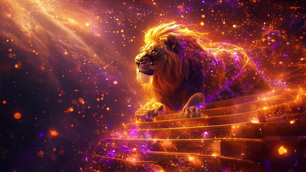 A luminous golden lion, bathed in ethereal light, ascends a spiral staircase made of constellations. Stars cascade, reflecting vibrant purples and oranges, symbolizing growth and leadership. 4k, cinematic.