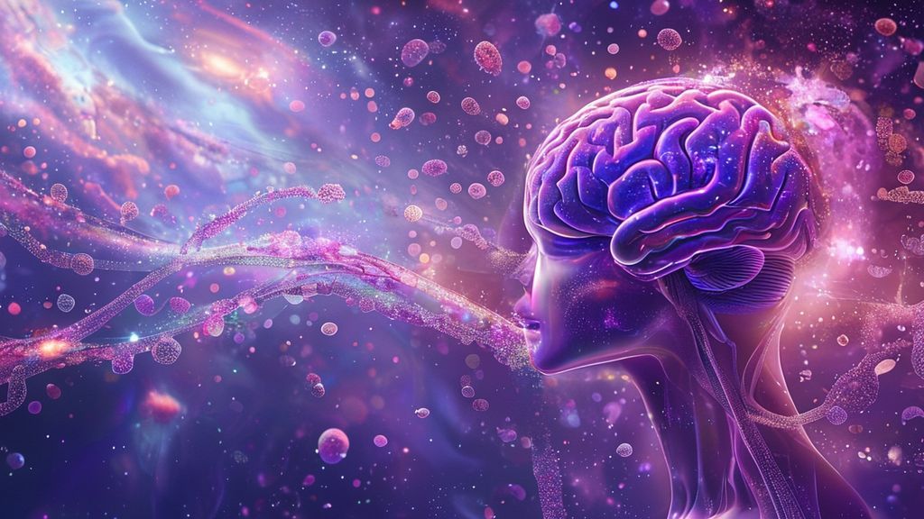 A luminous gut, a galaxy of swirling bacteria, connected by a shimmering bridge to a human brain veiled in soft, lavender light. Reflecting the interplay of mind and gut.