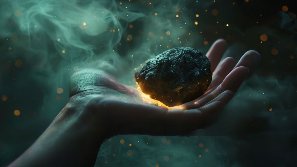 A luminous hand holding a grounding stone, black tourmaline, radiating a soft, calming light. Ethereal mist surrounds a figure, rooted to earth, observing anxious thoughts as fleeting shadows.