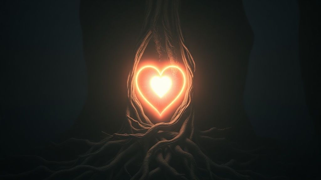 A luminous heart chakra, chest-centered, glowing softly, encased in dark, shadowy roots. Ethereal light struggles to penetrate, hinting at blocked energy and feelings of despair, in a mystic 4k cinematic style.