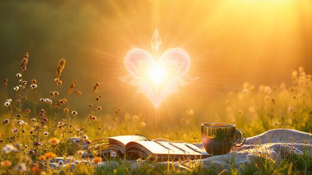 A luminous heart chakra, crystal-light spilling outward. Soft golden sunlight bathes a serene landscape of gratitude: wildflowers, a journal, a warm cup. Ethereal, gentle, hopeful.