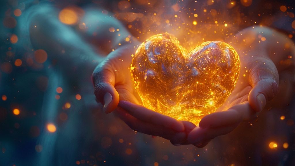 A luminous heart overflowing with golden light, representing joy and peace, cradled by ethereal hands. Soft blues and purples swirl around, fueled by the Holy Spirit's gentle breeze. Cinematic, 4k.