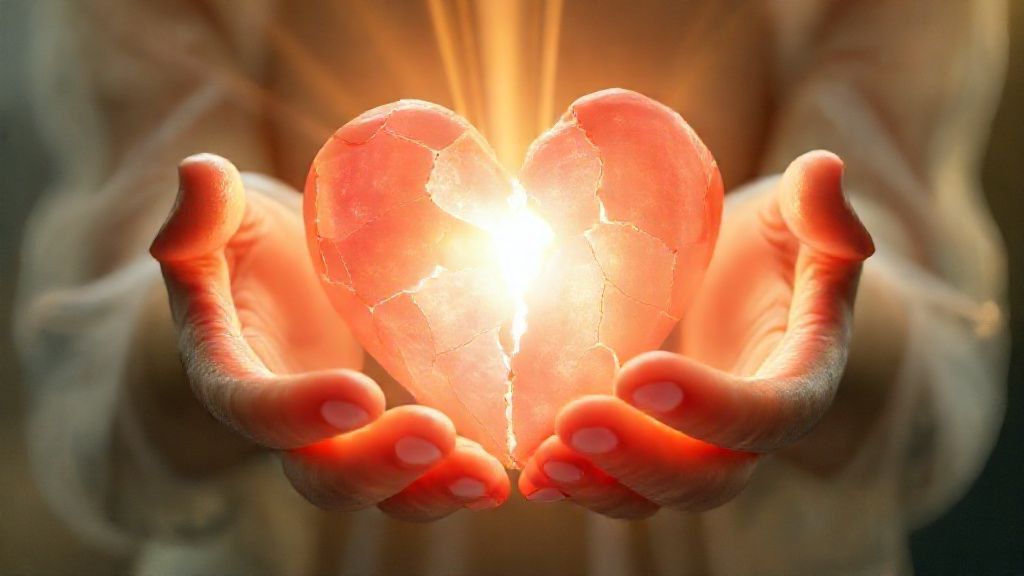 A luminous heart, fractured and glowing, held by translucent hands. Light streams through, dissolving societal chains, revealing a serene, inner landscape of peace. Soft pastels and gold.