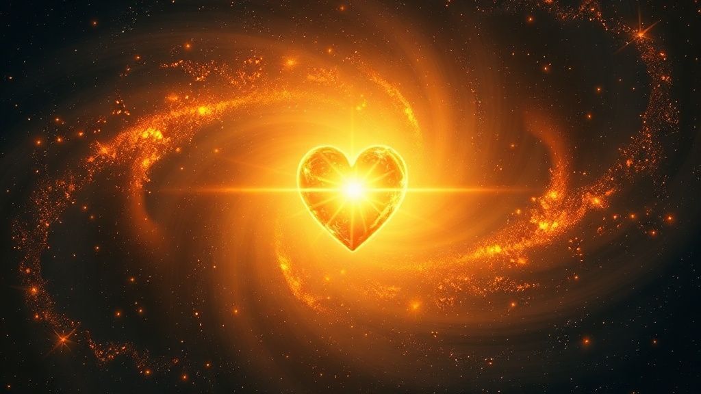 A luminous heart, radiating golden light, floats amidst a starlit, swirling cosmos. Whispers of vibrant, ethereal colors emanate, reflecting sincere intentions for healing and abundance. Cinematic lighting. 4k.