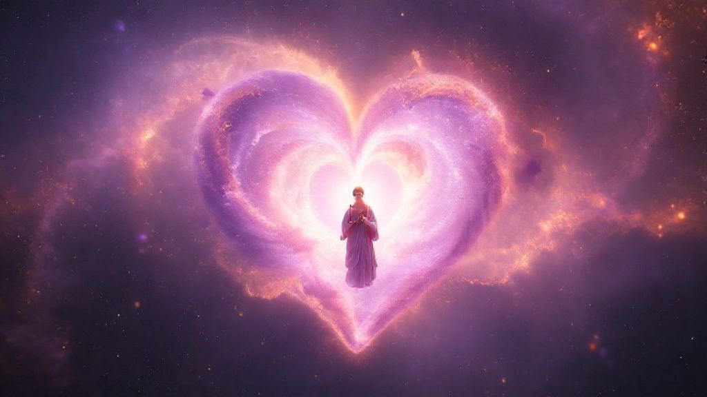 A luminous heart-shaped nebula, swirling with lavender and gold, gently cradling a miniature, serene figure in flowing robes. Cinematic lighting, soft focus, embodying mindfulness, self-compassion, and connection.