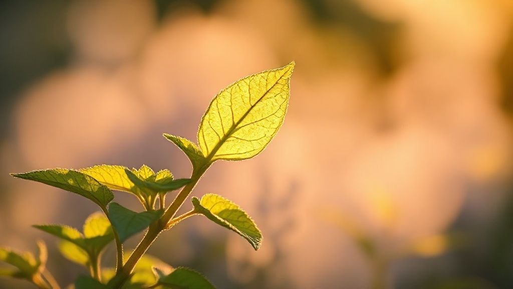 A luminous lemon balm leaf unfurls in soft, golden light. Whispers of violet mist surround it, reflecting a meditative space, serene and hopeful, dissolving shadows of despair.
